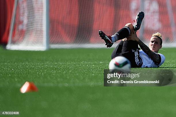 Anja Mittag of Germany practices during a training session at Stade de Montreal on June 24, 2015 in Montreal, Canada.