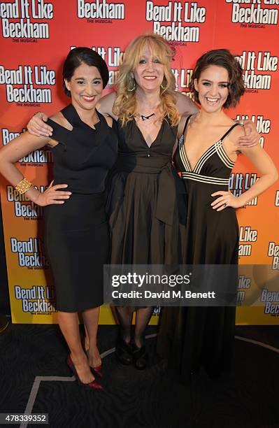 Cast member Natalie Dew, producer Sonia Friedman and cast member Lauren Samuels attend the after party following the press night performance of "Bend...