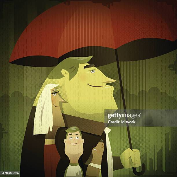 man holding umbrella with family - over protective parent stock illustrations
