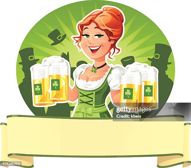 waitress serving beer in an irish pub - ginger glasses stock illustrations