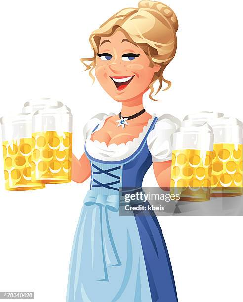 waitress in dirndl serving beer - beer glasses on white stock illustrations