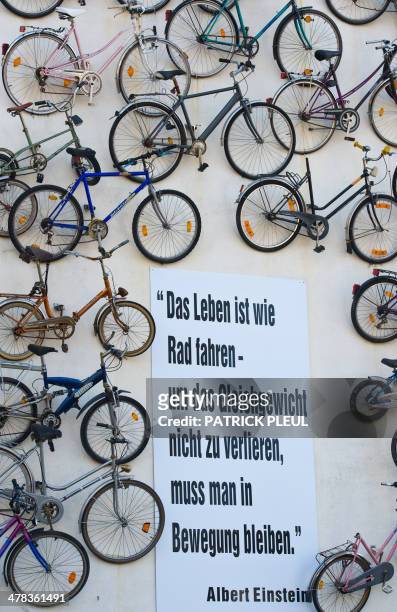 Quote by Albert Einstein reading "Life is like riding a bicycle - To keep your balance, you must keep moving" is fixed along with 210 old bikes on...