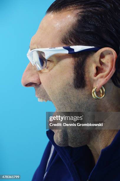 Jimmy Joseph of the United States reacts during the Wheelchair Curling Round Robin Session 11 during day six of Sochi 2014 Winter Paralympic Games at...