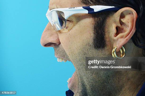 Jimmy Joseph of the United States reacts during the Wheelchair Curling Round Robin Session 11 during day six of Sochi 2014 Winter Paralympic Games at...
