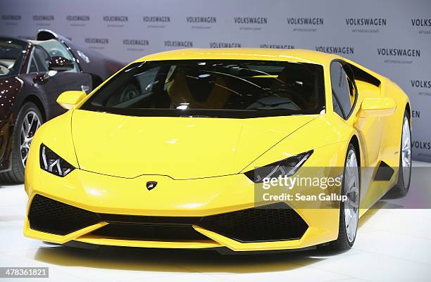 Lamborghini Huracan LP 610-4 car stands on display prior to the Volkwagen annual press conference to announce financial results for 2013 on March 13,...