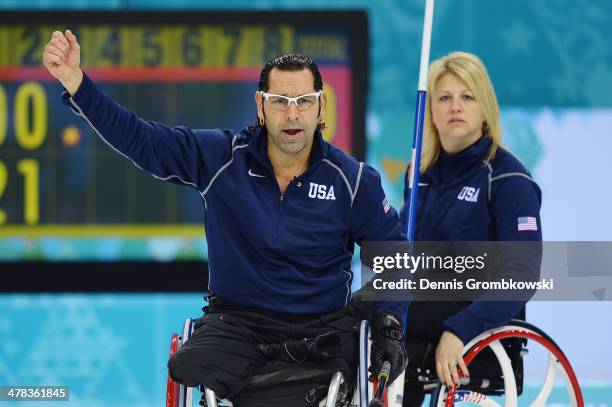 Jimmy Joseph of the United States reacts during the Wheelchair Curling Round Robin Session 11 during day six of Sochi 2014 Winter Paralympic Games at...