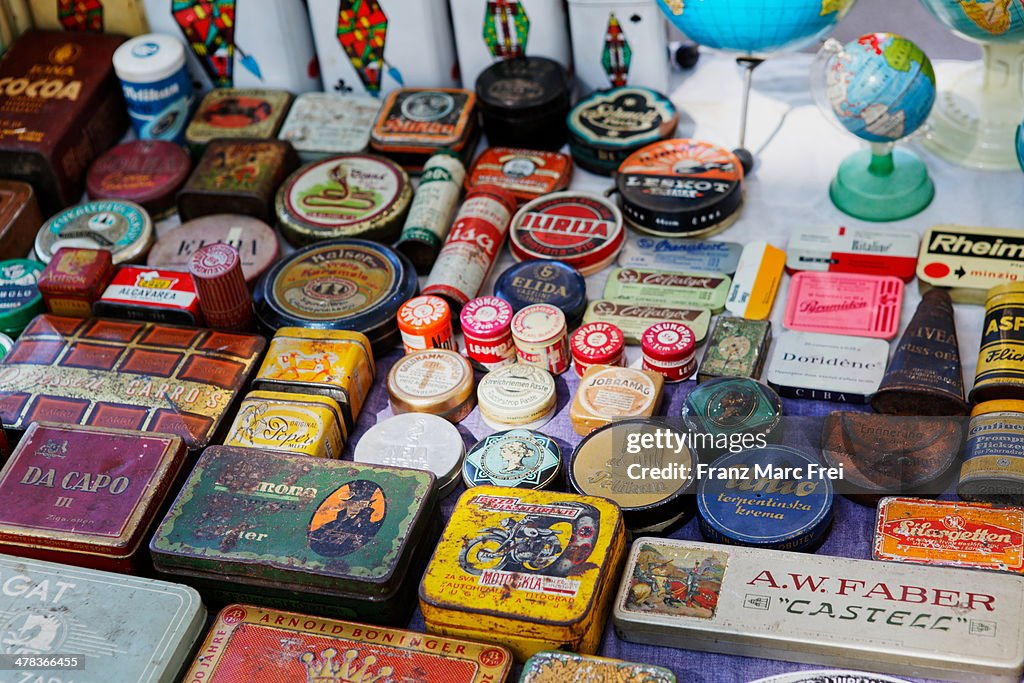 Display of old boxes at the antique market