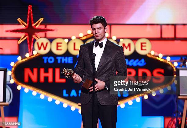 Carey Price of the Montreal Canadiens speaks onstage after accepting the Hart Memorial trophy during the 2015 NHL Awards at MGM Grand Garden Arena on...