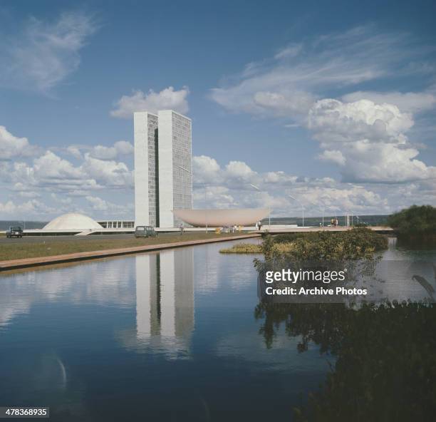 The Congresso Nacional or Palacio Nereu Ramos, the Brazilian Parliament, designed by Brazilian architect Oscar Niemeyer in Brasilia, Brazil, circa...