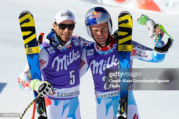 Alexis Pinturault of France takes 1st place and Thomas Mermillod-Blondin of France takes 2nd place during the Audi FIS Alpine Ski World Cup Finals...