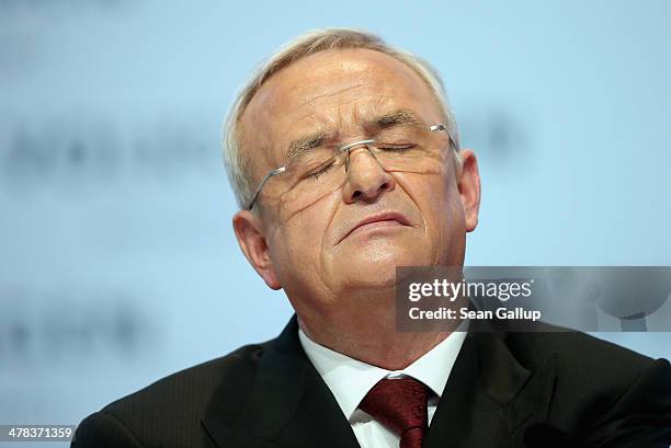 Martin Winterkorn, Chairman of German carmaker Volkswagen AG, speaks at the company's annual press conference to announce financial results for 2013...