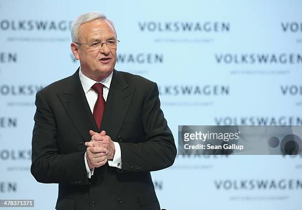 Martin Winterkorn, Chairman of German carmaker Volkswagen AG, departs after speaking at the company's annual press conference to announce financial...