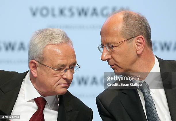 Martin Winterkorn , Chairman of German carmaker Volkswagen AG, and VW financial officer Hans Dieter Poetsch speak at the company's annual press...