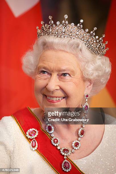 Queen Elizabeth II attends a State Banquet on day 2 of a four day State Visit on June 24, 2015 in Berlin, Germany.