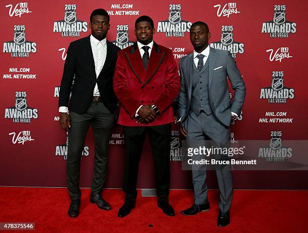 Subban of the Montreal Canadiens and brother's Malcolm Subban and Jordan Subban arrives on the red carpet before the 2015 NHL Awards at MGM Grand...