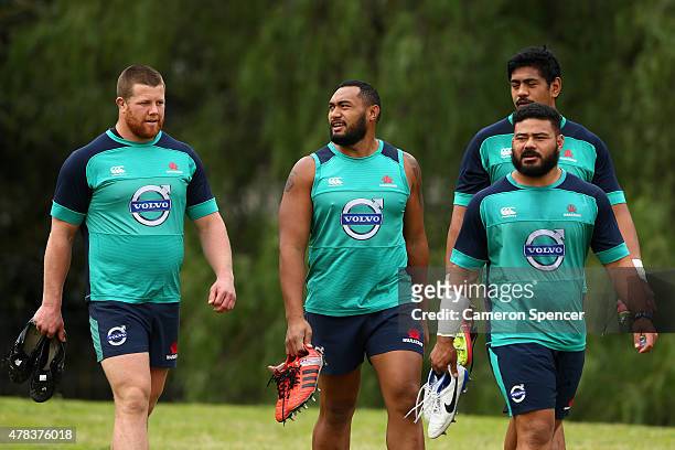 Paddy Ryan, Sekope Kepu, Tolu Latu and Will Skelton of the Waratahs arrive at a Waratahs Super Rugby training session at Moore Park on June 25, 2015...