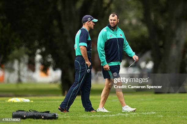 Waratahs coach Michael Cheika talks to assistant coach Nathan Grey during a Waratahs Super Rugby training session at Moore Park on June 25, 2015 in...