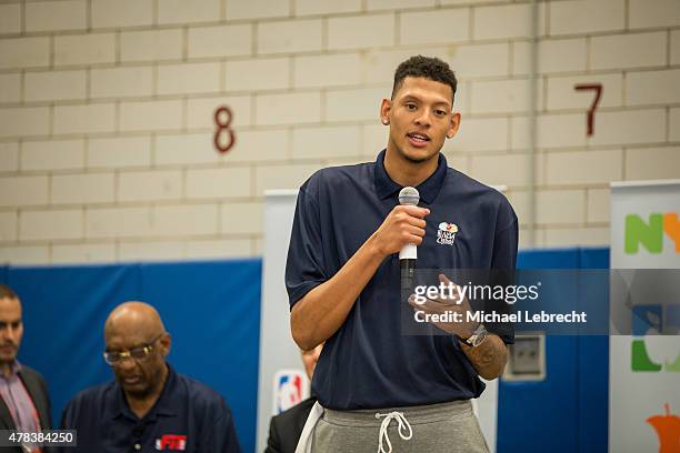 Isaiah Austin interacts with a group of children during an NBA Fit Event in New York, New York. NOTE TO USER: User expressly acknowledges and agrees...