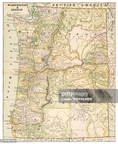 ilustraciones, imágenes clip art, dibujos animados e iconos de stock de mapa de washington y oregon, 1883 - territory