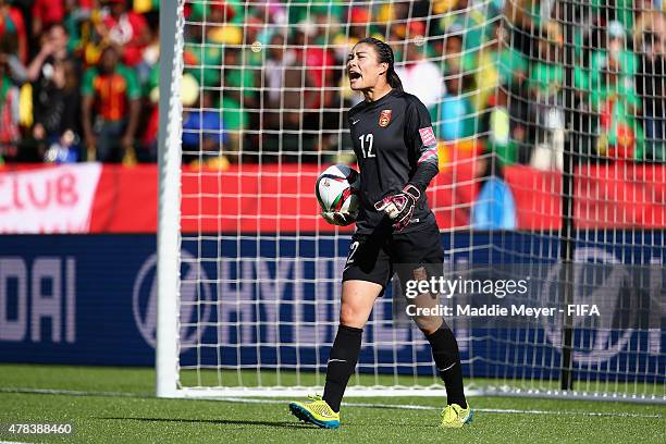 Wang Fei of China PR reacts after Cameroon hit a shot on goal during the FIFA Women's World Cup 2015 Round of 16 match between China PR and Cameroon...