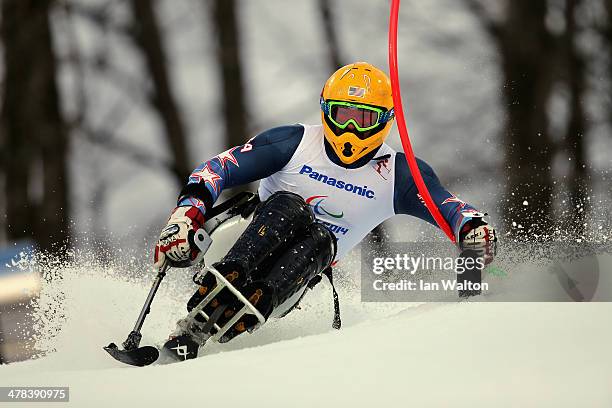 Jasmin Bambur of United States competes in the Men's Slalom 1st Run - Sitting during day six of Sochi 2014 Paralympic Winter Games at Rosa Khutor...