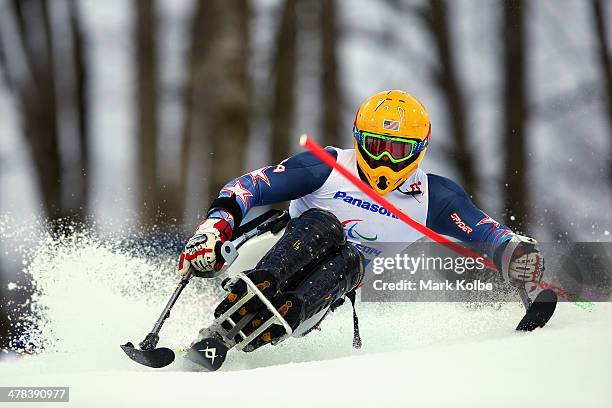 Jasmin Bambur of United States competes in the Men's Slalom 1st Run - Sitting during day six of Sochi 2014 Paralympic Winter Games at Rosa Khutor...