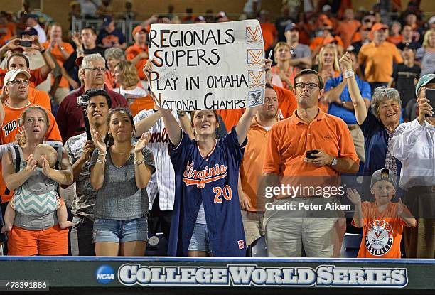 Virginia Cavaliers fans celebrate after the Cavaliers defeated the Vanderbilt Commodores 4-2 to win the National Championship during game three of...