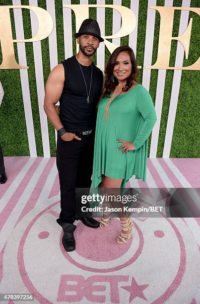 Actor Aaron D. Spears and Estella Lopez Spears attend the 2015 BET Awards Debra Lee Pre-Dinner at Sunset Tower Hotel on June 24, 2015 in Los Angeles,...