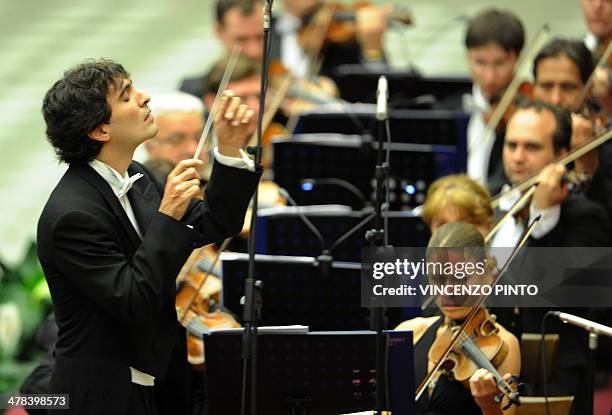 Italian conductor Carlo Ponti, son of Italian actress Sophia Loren and film producer Carlo Ponti, performs in front of Pope Benedict XVI during a...