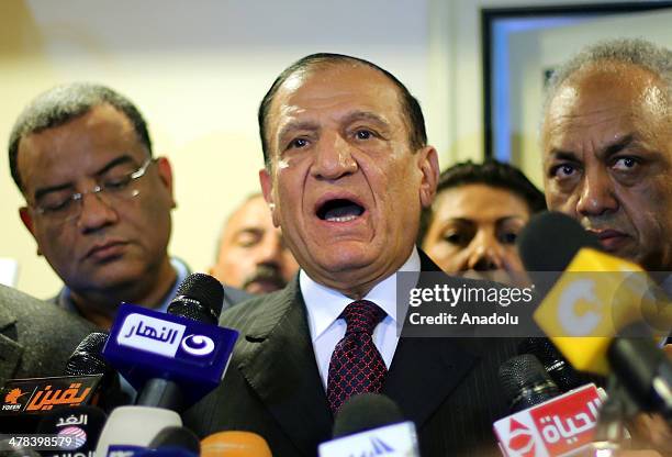 Egypt's former army chief of staff Sami Anan speaks during a press conference about his position in the next presidential election at his office in...