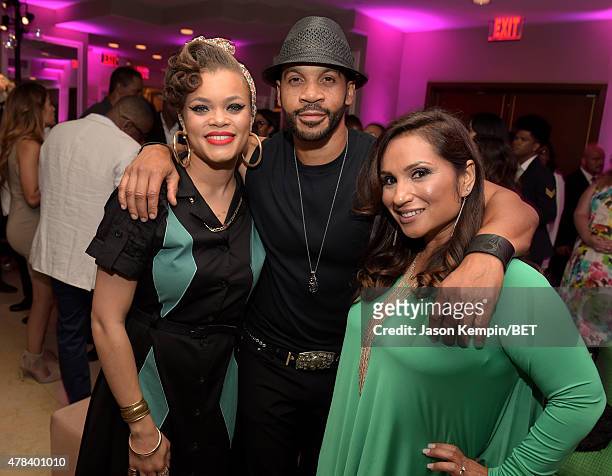 Singer Andra Day, actor Aaron D. Spears and Estela Lopez Spears attend the 2015 BET Awards Debra Lee Pre-Dinner at Sunset Tower Hotel on June 24,...