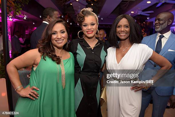 Estela Lopez Spears, singer Andra Day and actress Margaret Avery attend the 2015 BET Awards Debra Lee Pre-Dinner at Sunset Tower Hotel on June 24,...