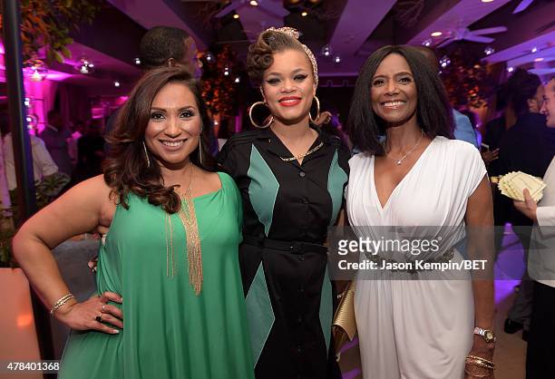 Estela Lopez Spears, singer Andra Day and actress Margaret Avery attend the 2015 BET Awards Debra Lee Pre-Dinner at Sunset Tower Hotel on June 24,...