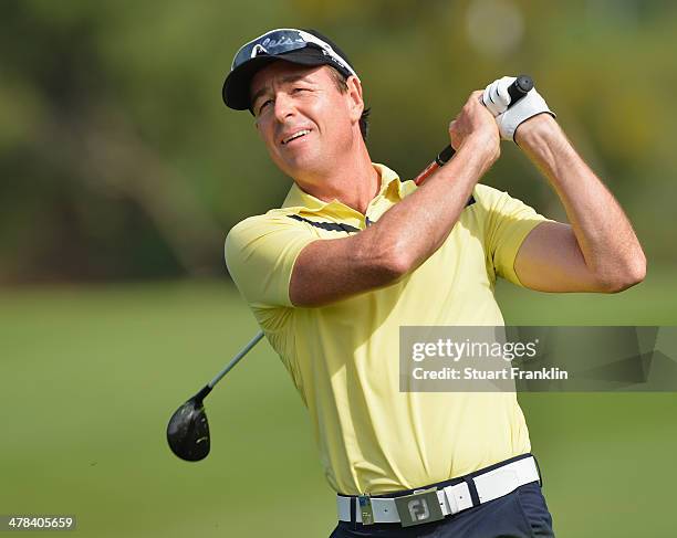 Brett Rumford of Australia plays a shot during the first round of the Trophee du Hassan II Golf at Golf du Palais Royal on March 13, 2014 in Agadir,...