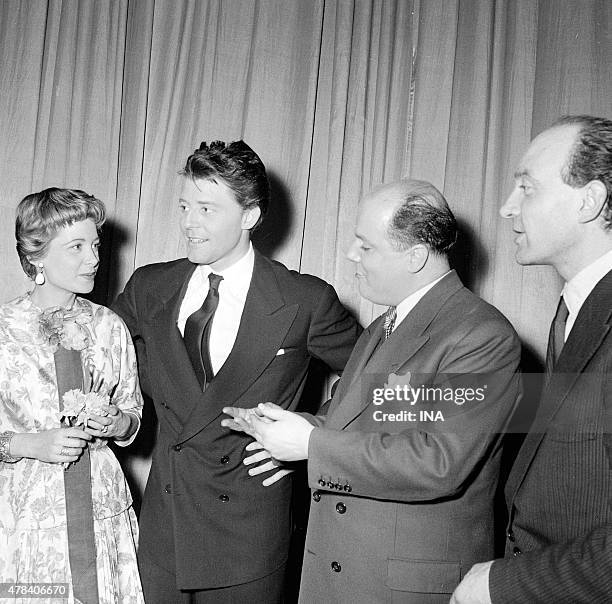 Jacqueline Joubert, Gerard Philipe, Henri Spade and Robert Chazal behind the scenes of the Alhambra for the broadcast radio program ""The Joy of...