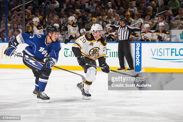 Keith Aulie of the Tampa Bay Lightning skates against Daniel Paille of the Boston Bruins at the Tampa Bay Times Forum on March 8, 2014 in Tampa,...