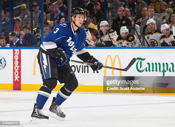 Keith Aulie of the Tampa Bay Lightning skates against the Boston Bruins at the Tampa Bay Times Forum on March 8, 2014 in Tampa, Florida.