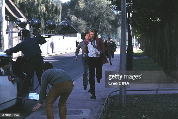 Shooting of a street scene with Johnny Hallyday for the John Berry's ""fantastic"" movie