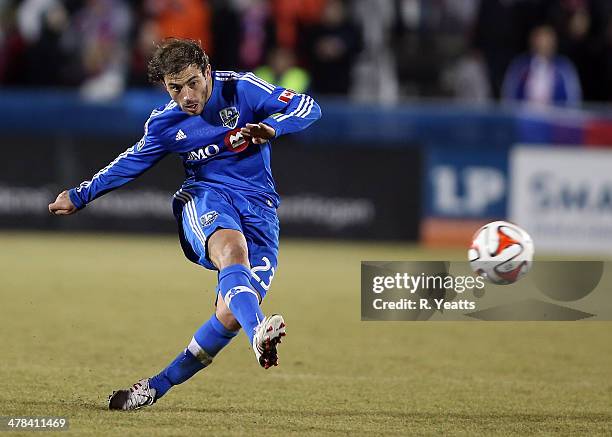 Hernan Bernardello of Montreal Impact passes the ball against the FC Dallas at Toyota Stadium on March 8, 2014 in Frisco, Texas.