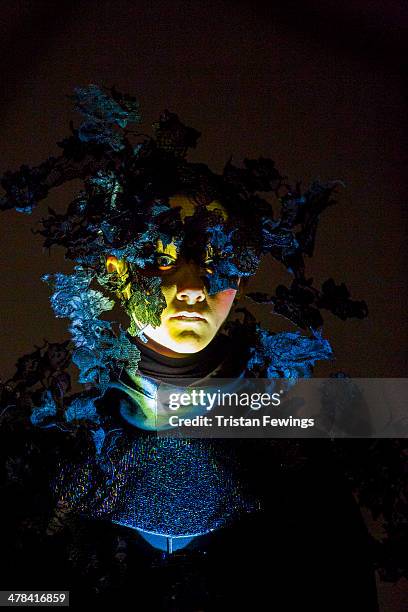 Model stands during the Little Shilpa presentation at the Freemasons Hall during London Fashion Week AW14 at on February 16, 2014 in London, England.