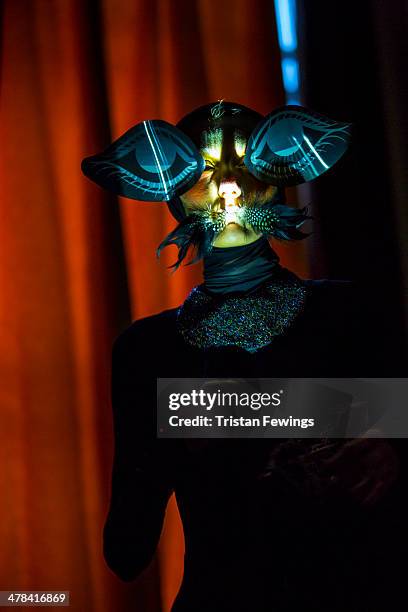 Model stands during the Little Shilpa presentation at the Freemasons Hall during London Fashion Week AW14 at on February 16, 2014 in London, England.