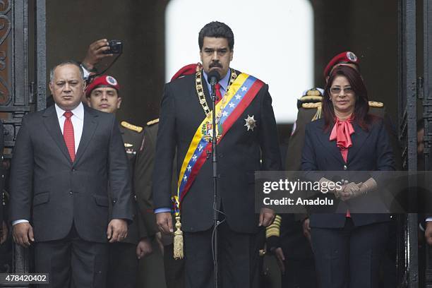 Venezuelan President Nicolas Maduro, First Lady Cilia Flores and Diosdado Cabello, president of the Congress attend the official acts at the National...