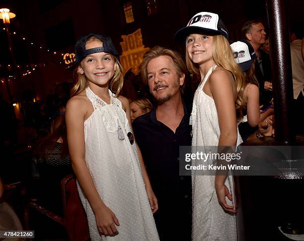 Actress Lauren Gobuzzi, writer/producer/actor David Spade and actress Allison Gobuzzi pose at the after party for the premiere of Crackle's "Joe Dirt...