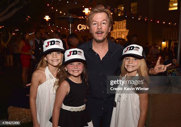 Actors Lauren Gobuzzi, Chloe Guidry, David Spade and Allison Gobuzzi pose at the after party for the premiere of Crackle's "Joe Dirt 2: Beautiful...