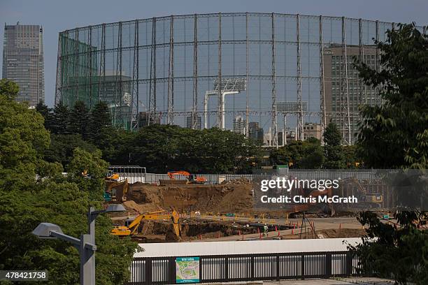 Work continues at the site of the new National stadium and the planned main site of the Tokyo 2020 summer Olympics on June 25, 2015 in Tokyo, Japan....