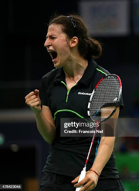 Linda Zetchiri of Bulgaria celebrates during the Women's Badminton round of 16 match against Airi Mikkela of Finland during day thirteen of the Baku...