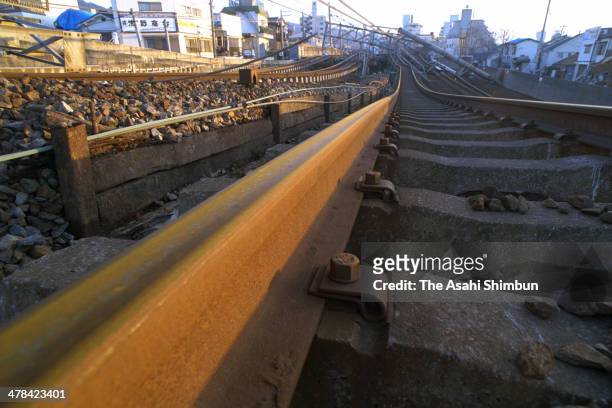 Rail tracks of JR Tokaido line remain bent after the strong earthquake hit on Janaury 24, 1995 in Kobe, Hyogo, Japan. Magnitude 7.3 strong earthquake...
