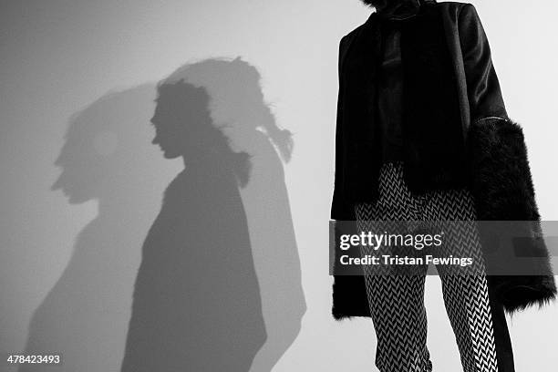 Model on the runway at the Haizhen Wang presentation at London Fashion Week AW14 at Somerset House on February 14, 2014 in London, England.