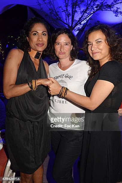 Kristelle Marcelin from Sofia Marion jewellery, Esther Meyniel and Anais Baydemir attend the 'Hublot Blue' cocktail party At Monsieur Bleu - Palais...