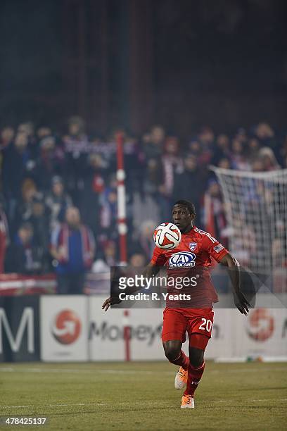 Hendry Thomas of FC Dallas in action against the Montreal Impact at Toyota Stadium on March 8, 2014 in Frisco, Texas.